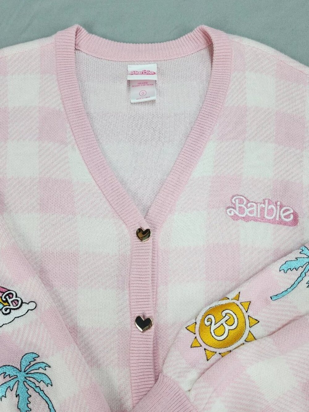 Hot Topic Barbie The Movie Pink Plaid V-Neck Cardigan Sweater Patches Size 0